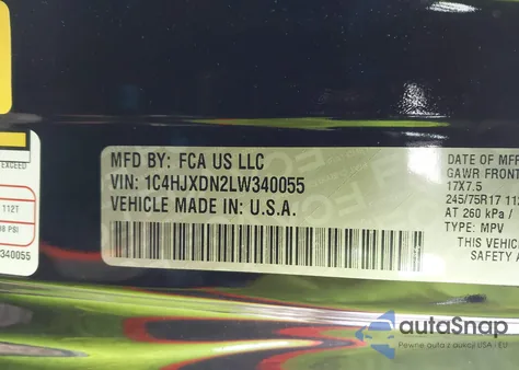 2020 Jeep Wrangler Unlimited Sport S 4X4 z USA, uszkodzony, nr VIN 1C4HJXDN2LW340055